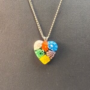 Murano Glass Heart Necklace Multicolor Millefiori Floral Boho Chic Statement